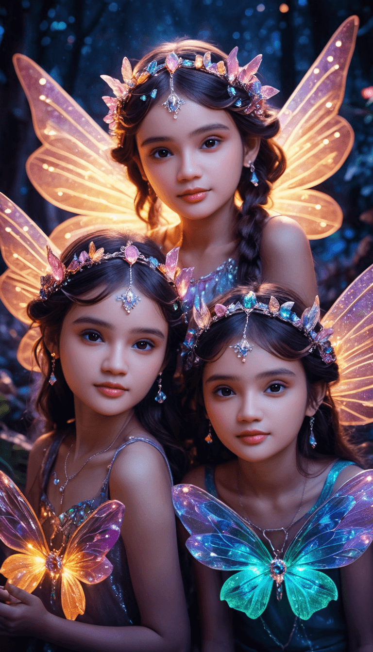 AI generated: Under the dreamy night sky, a group of little fairies made of gems and neon lights shine with enchan...