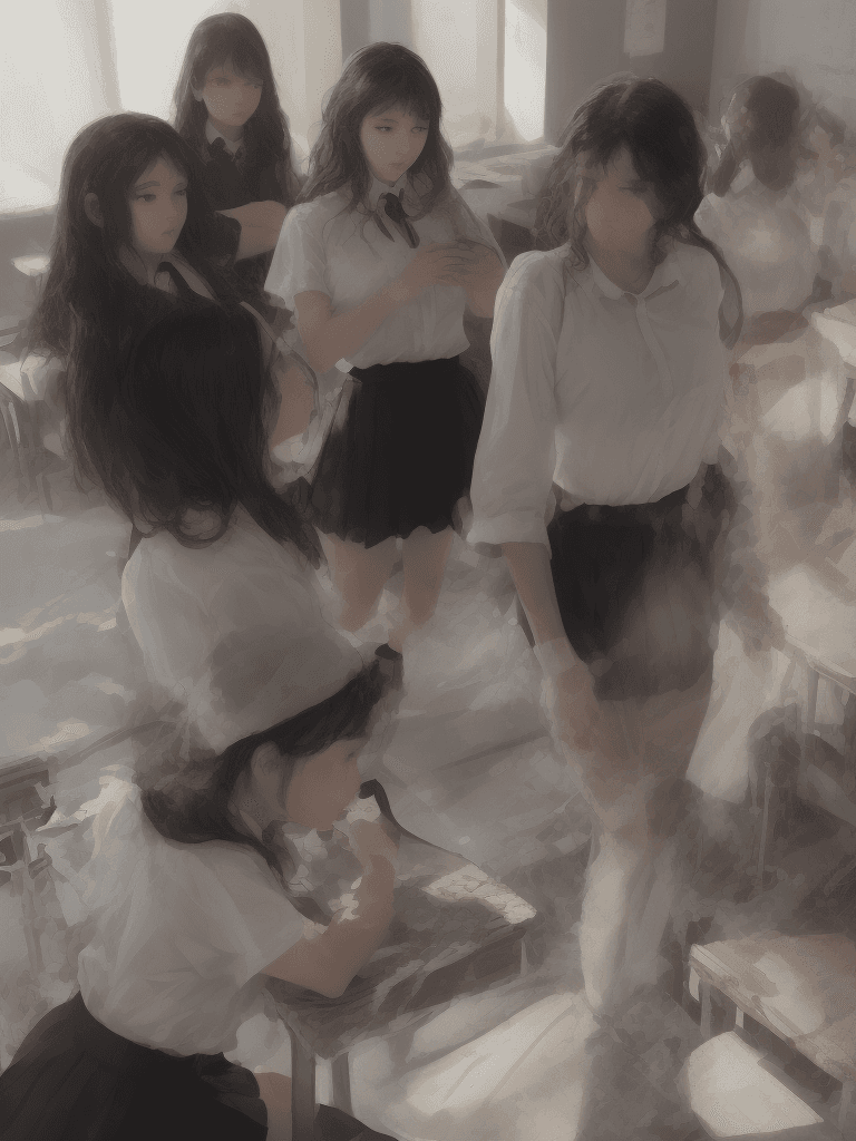 AI generated: A panoramic view of a classroom, gorgeous teacher with class of young boys, white blouse, short blac...