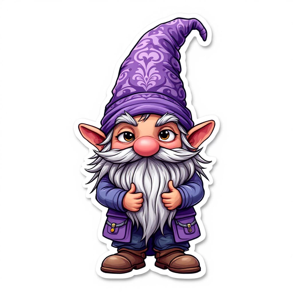 AI generated: A highly detailed full-body cartoon sticker of a whimsical gnome character. The gnome is wearing a v...