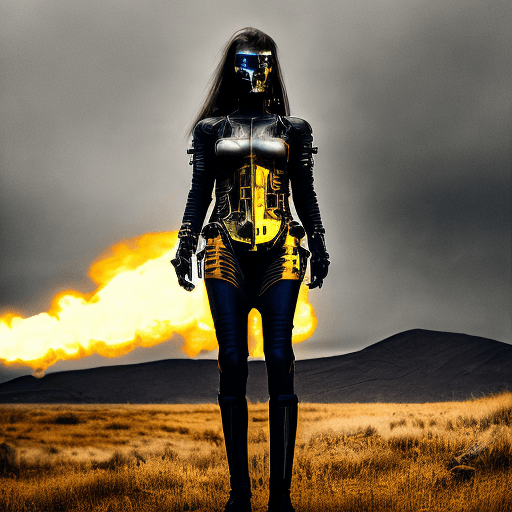 AI generated: A mesmerizing photograph capturing the ethereal beauty of the Terminator Girl, with her cyborg featu...