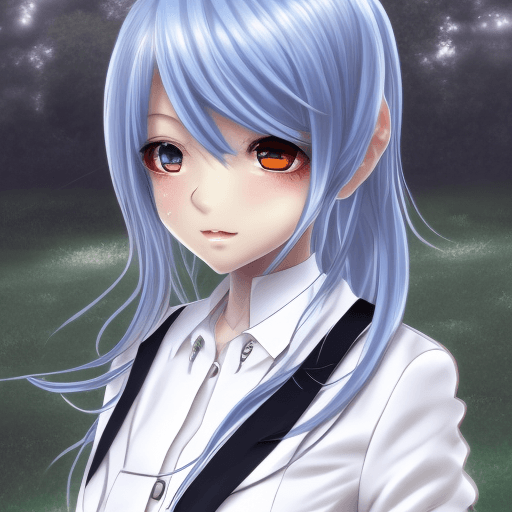 AI generated: Anime, girl, blue eyes, long black hair, white skirt, white suit, bambietta basterbine, anime Bleach...