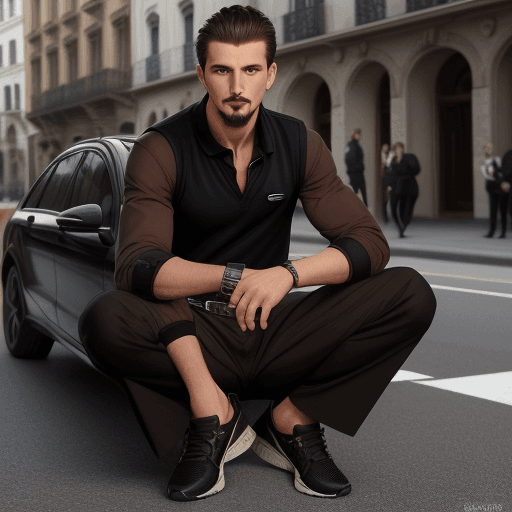 AI generated: Albanians, 1.90m, Rich, goatee, Black Wide pants, Lacoste pullover, Black shose  Nike, With Mercedes...