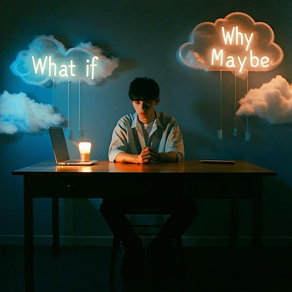 AI generated: "A surreal depiction of a young adult sitting at a wooden desk in a dimly lit room, surrounded by fl...