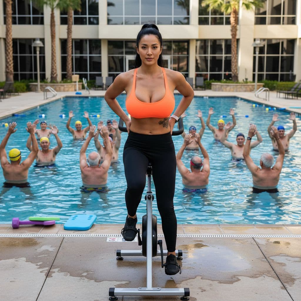 AI generated: A gorgeous fit 26 beautiful year old white girl FACING THE CAMERA AT OPPOSITE  END OF THE POOL AS TH...