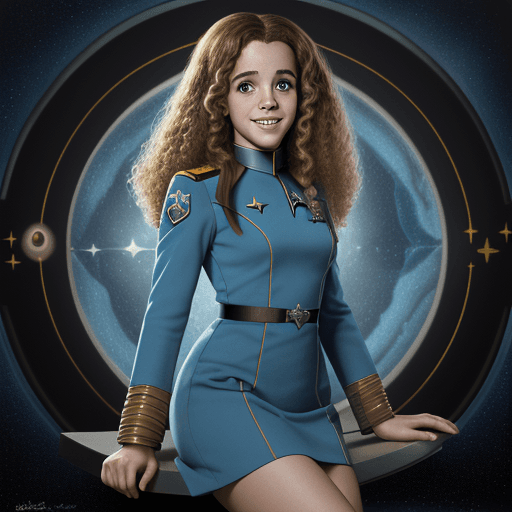 AI generated: 1969 portrait of Hermione Granger, Star Fleet ensign, smiling, wearing an all-blue minidress uniform...