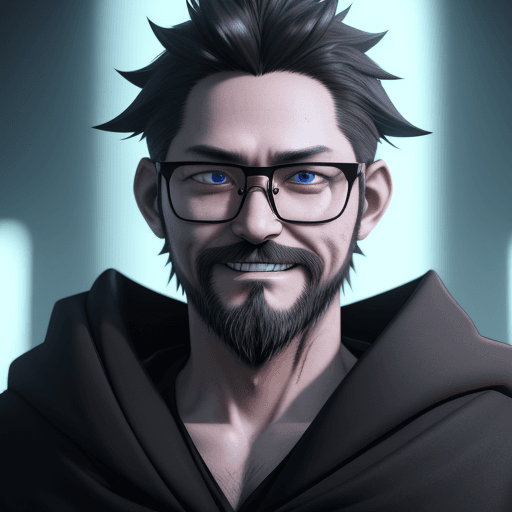 AI generated: anime boy 30 y.old, short back hair, glasses, short beard, and he looks like angry with fire in your...
