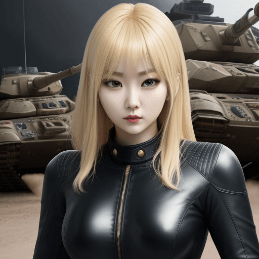 AI generated: High resolution kang ji young blonde hair in leather suit in a battle tank