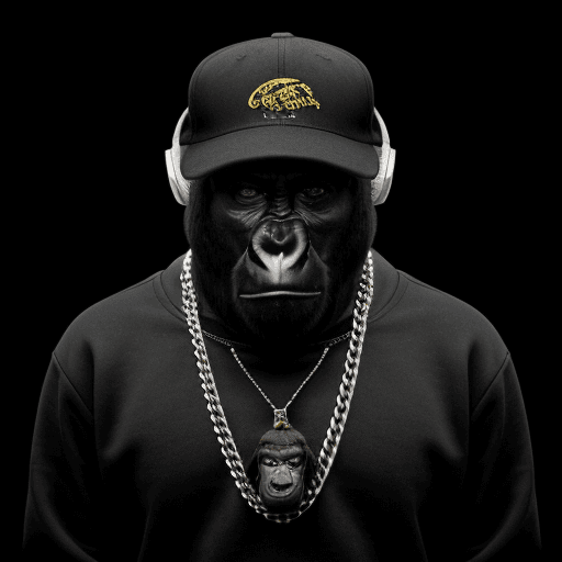 AI generated: gorilla in rap style in headphones, on a black background, sweatshirt, hat, chain around his neck
