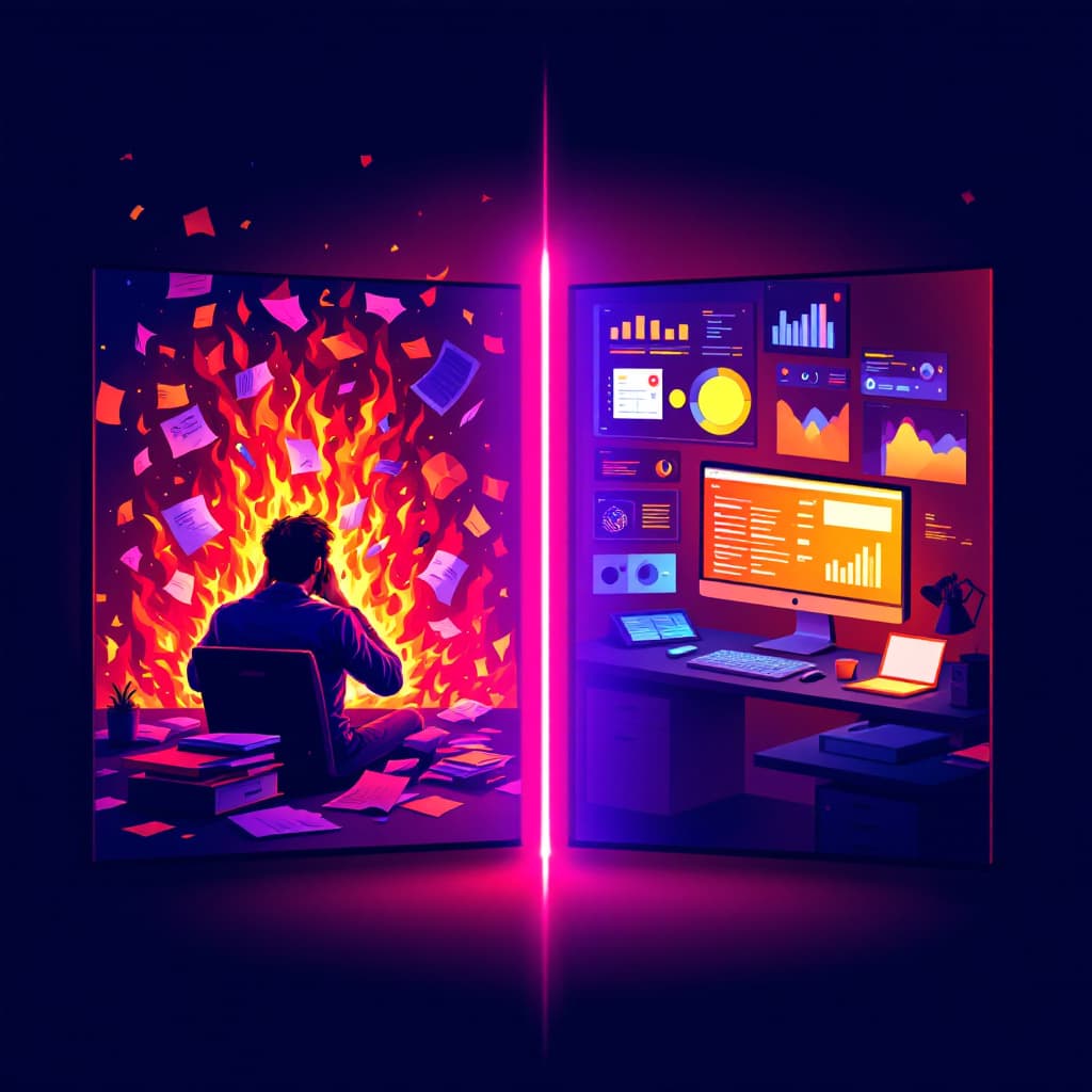 AI generated: Purple to Indigo Gradient
Red to Orange Gradient
"Split-screen concept: Left panel depicts a fluster...