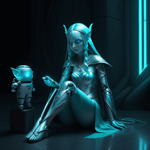 AI generated: Elf Galadriel dressed in a robot outfit in the dark and having a earphone, in the style of Ali kiani...