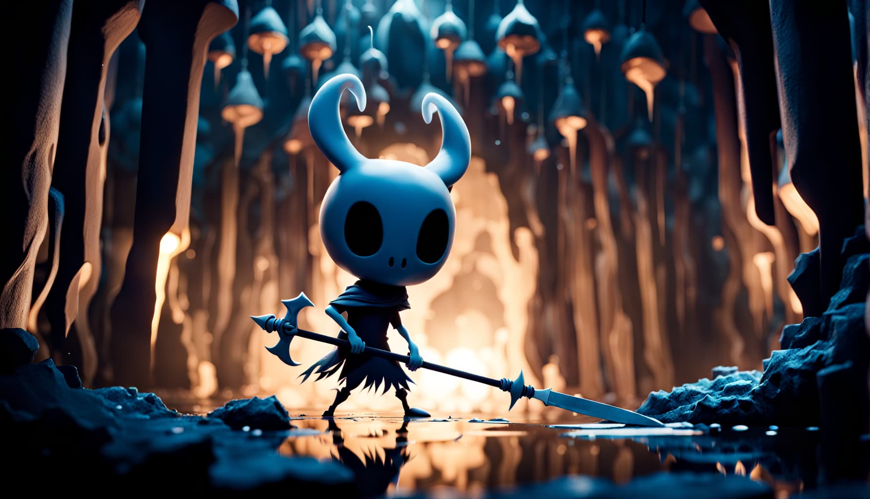 AI generated: Intricate CG unity wallpaper, close-up, Hollow Knight round mask, the black cone shape cloak , he is...