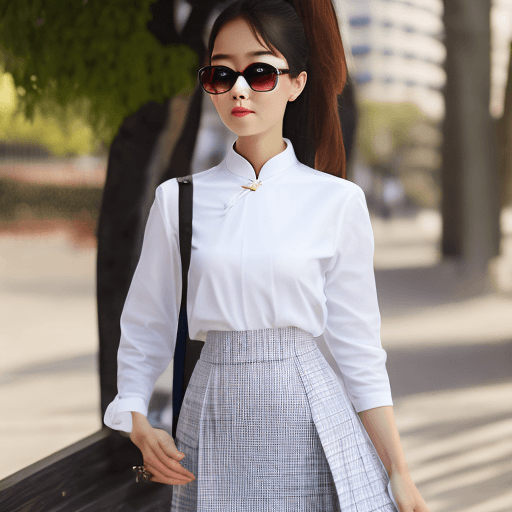 AI generated: Chinese beauty with white shirt, pleated skirt, and glasses