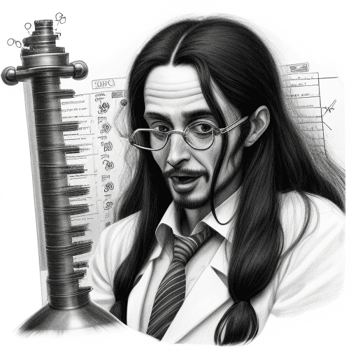 AI generated: A detailed drawing of an crazy scientist with long hair black and white