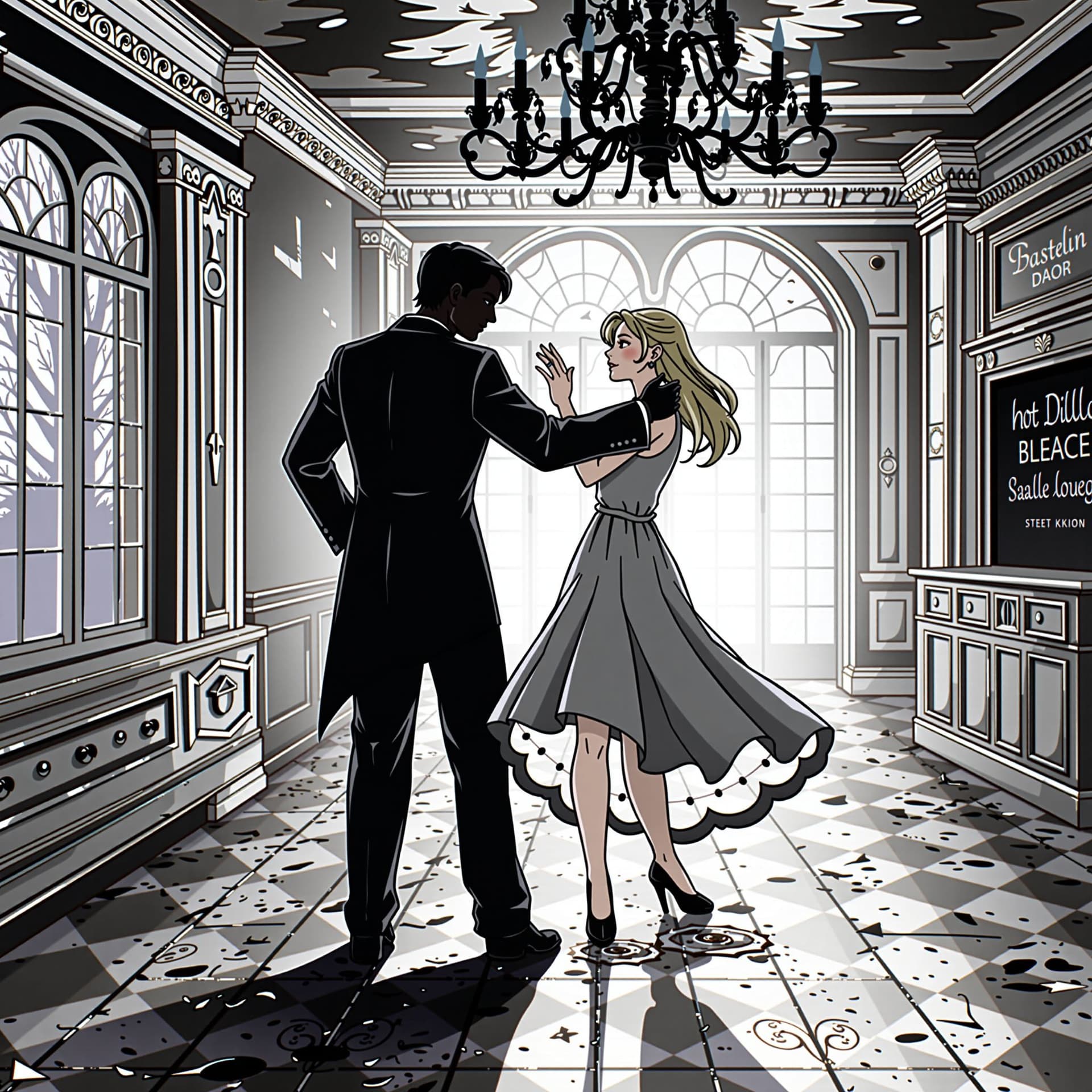 AI generated: "A dark romance scene of a woman dancing with a shadowy figure in an abandoned ballroom, gothic eleg...