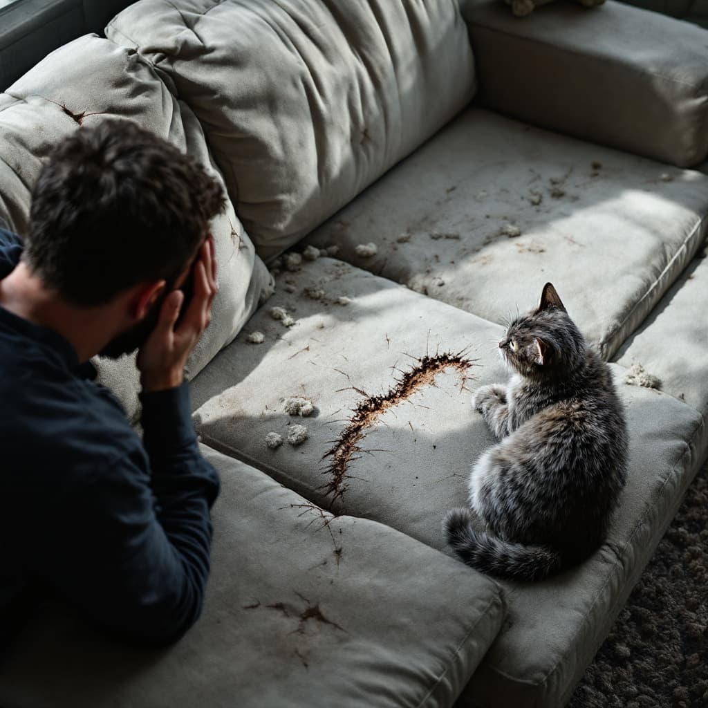 AI generated: High angle view. An angry silhouette with his head in his hands stares at a couch scratched by a cat...