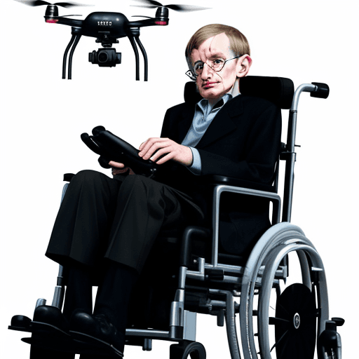 AI generated: Stephen William Hawking flying a drone while sitting in a wheelchair