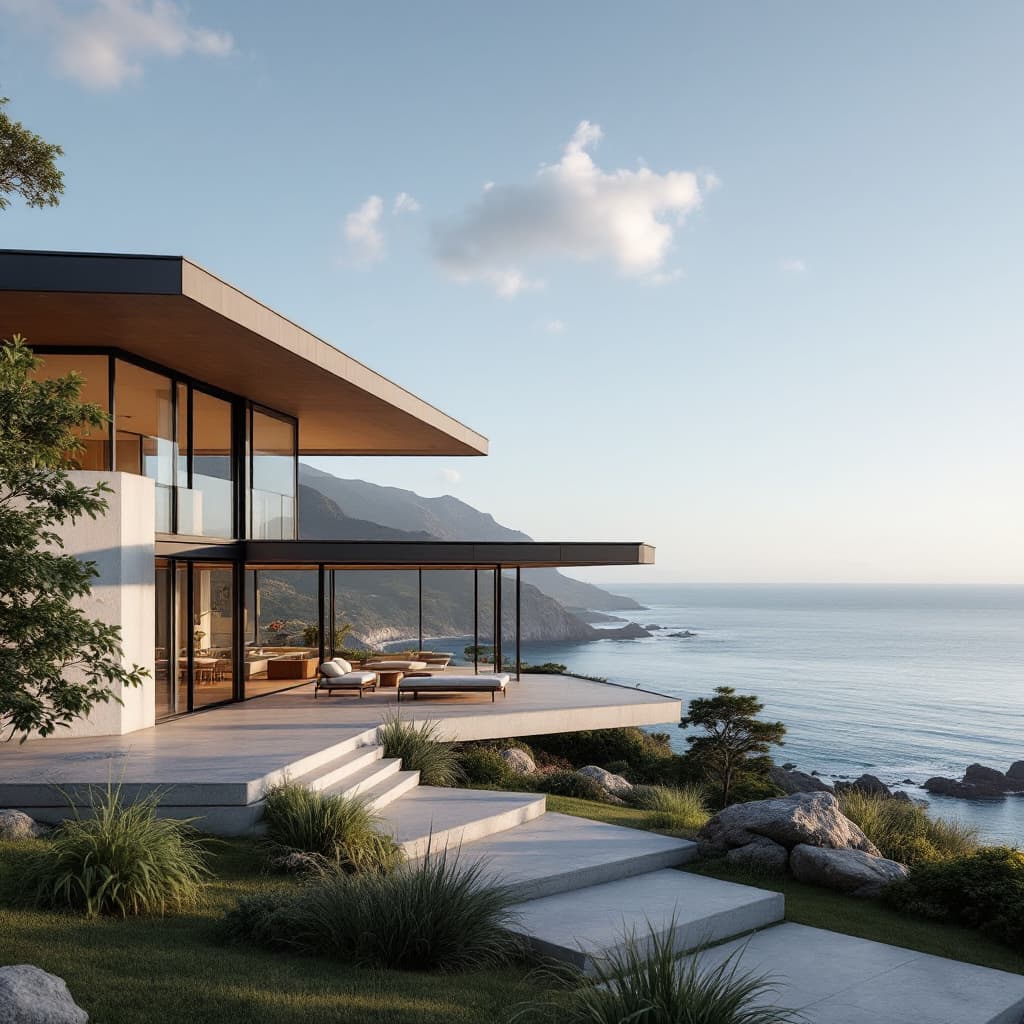 AI generated: Hyper realistic eye level exterior photo of a mid century modern style house overlooking the ocean, ...