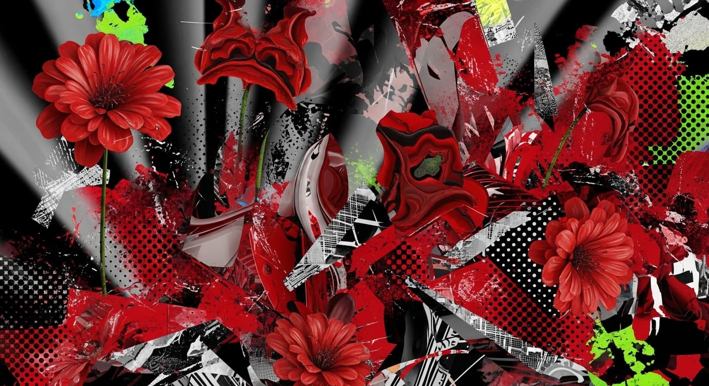 AI generated: A mixed media painting of surreal red flowers and abstract shapes. The digital art features patterns...