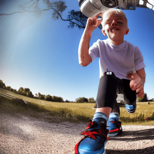 AI generated: 1boy, fisheye, lens flare, jumping, prosthetic leg, prosthetic, muscular male, shadow, blonde hair
