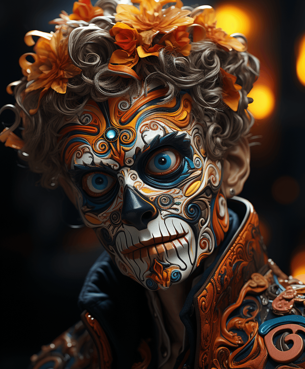 AI generated: sugar skull, animation character for the xbox, in the style of hyper-realistic pop, close up --ar 71...