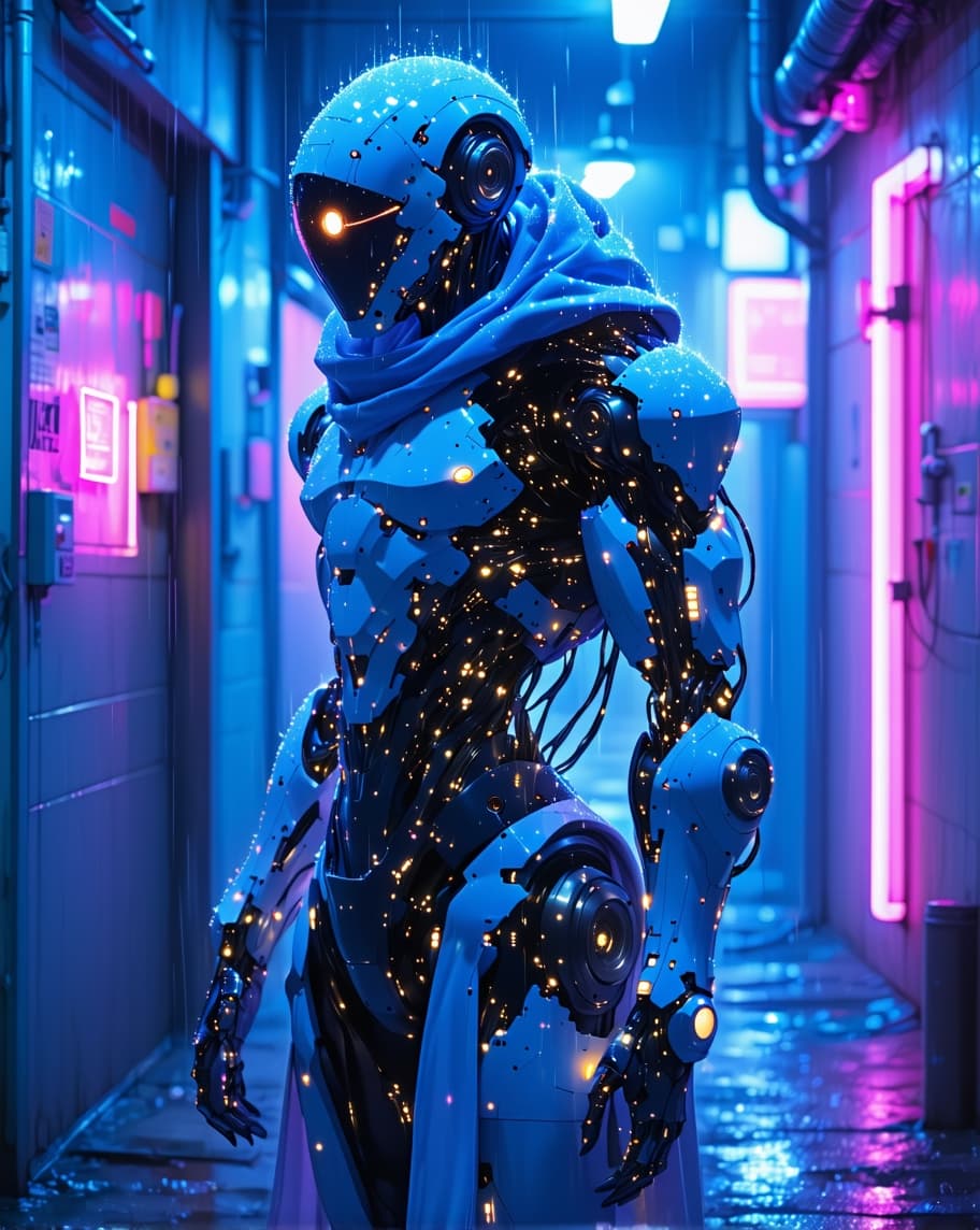 AI generated: A fully cybernetic humanoid stands in the center of a neon-lit alley, their body now 90% machine, wi...