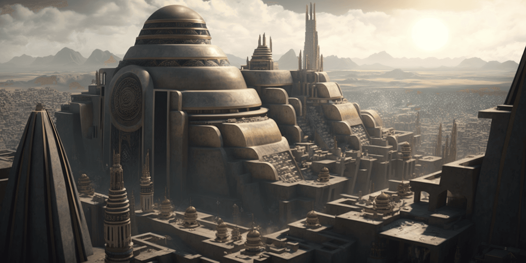 AI generated: Futuristic inca city, Aereal view of inca style city, huge buildings, hyperrealism, cinematic, fanta...