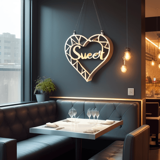 AI generated: Modern and stylish restaurant with window view, large laser-cut metal text "SWEET HEART" is hung on ...