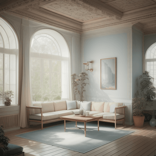 AI generated: High resolution photography interior design, dreamy sunken living room conversation pit, wooden floo...