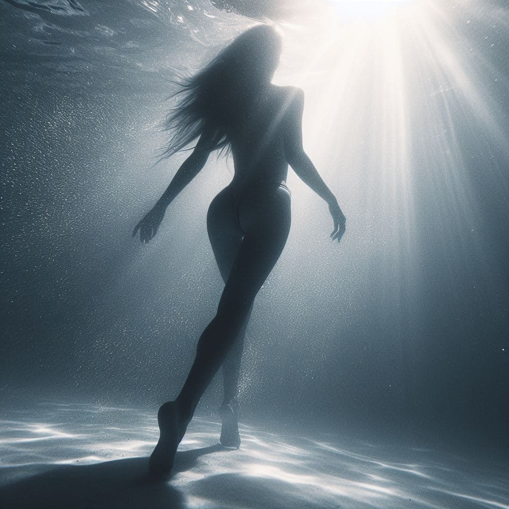 AI generated: female walking underwater, shimmery light, beautiful light, hd, 4k, award winning, ultra realistic