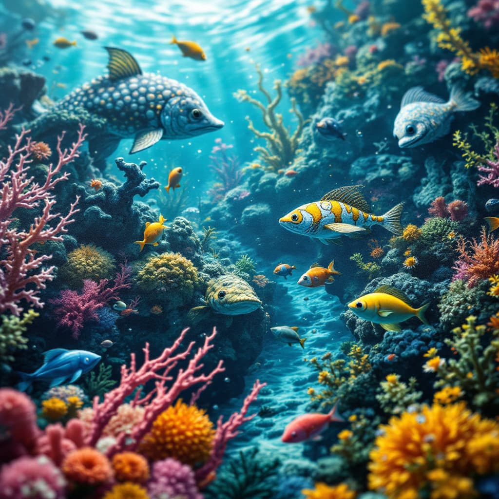 AI generated: A close-up of a lowbrow art piece depicting a surreal, underwater scene. The style is reminiscent of...