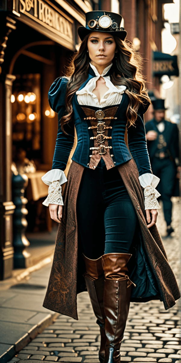 AI generated: Full Body, film still of, of a 26 year old woman, long brunette hair, steampunk outfit, walking thro...