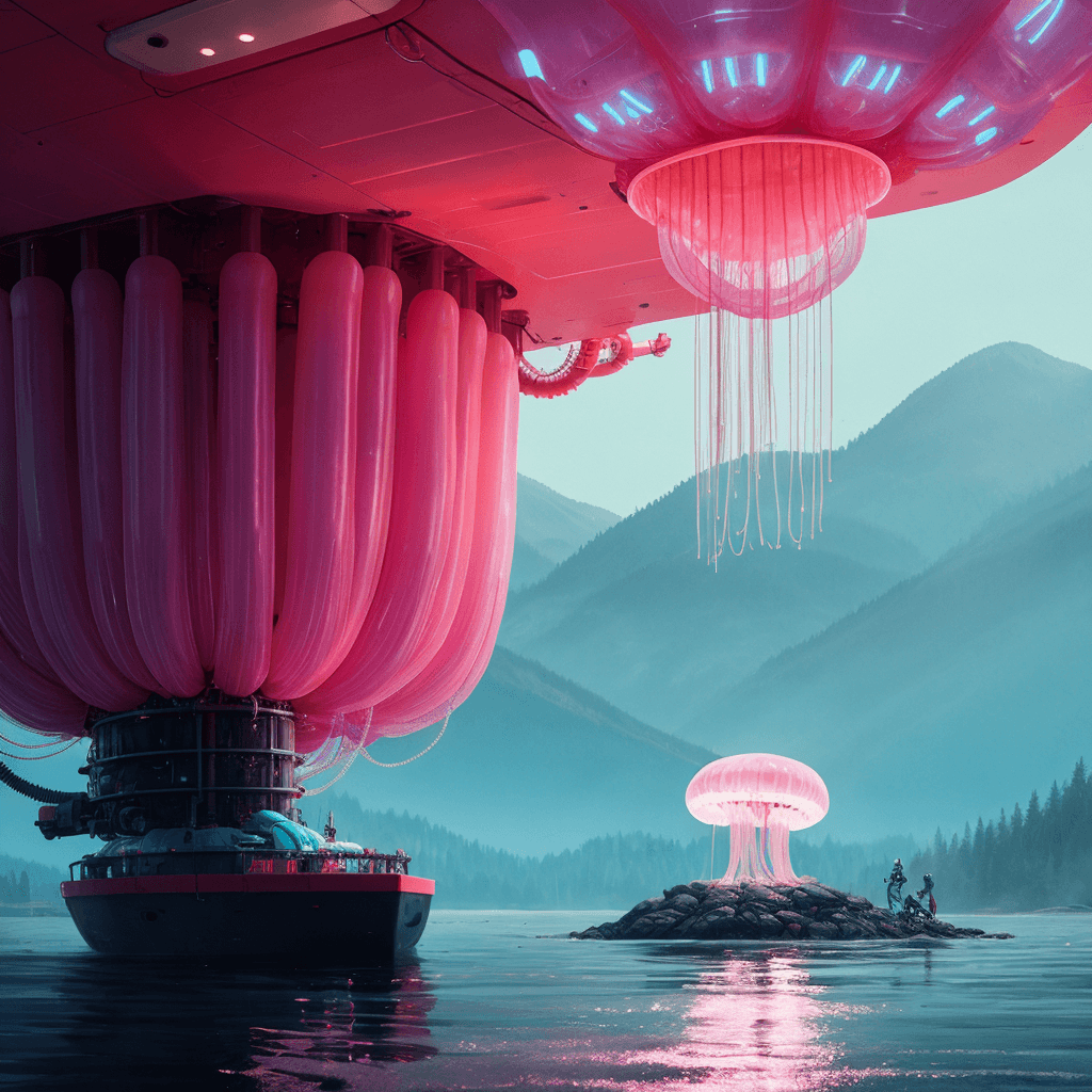 AI generated: biocyberpunk by Simon Stålenhag a giant floating jellyfish hardsurface robotic creature made of hi-t...