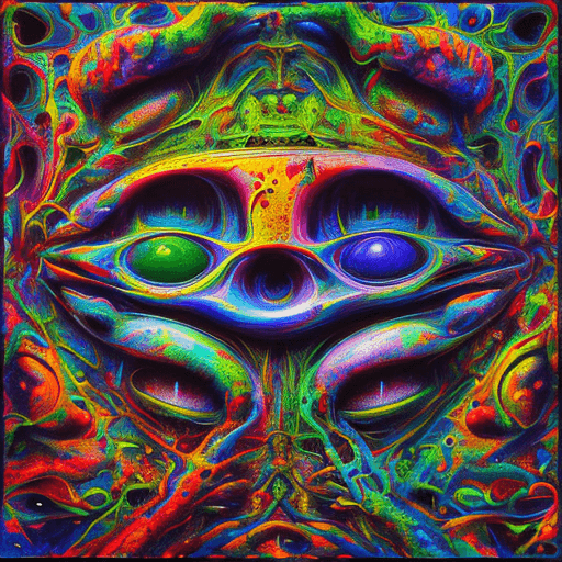 AI generated: Surrealistic painting of acid trip in the mind of schizophrenic patient. In the style of abstract ex...