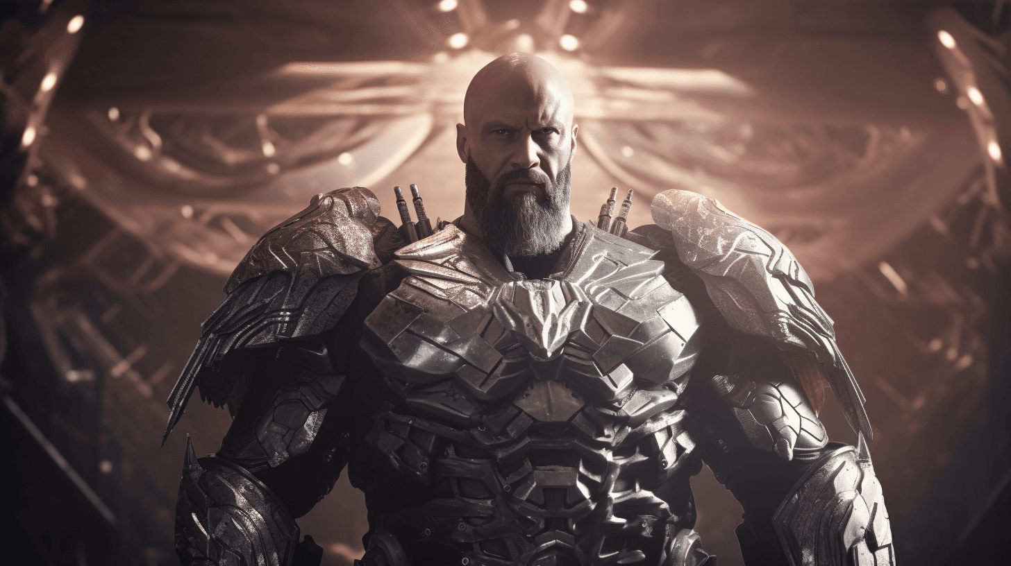 AI generated: bald man, large beard, muscular, heavy mecha armor with metal wings, warzone background, 16-35mm len...