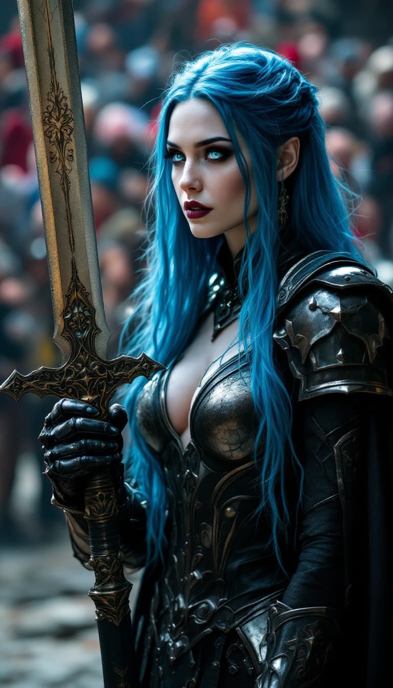 AI generated:  A female vampire with long, vibrant blue hair and blue eyes holds an ornate large sword. She stands...