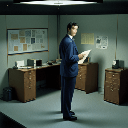 AI generated: Lo-fi, noisy, grainy, art from the 1997 colored illustration,of a detective at a desk at night filli...