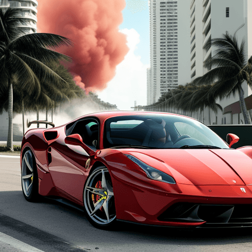 AI generated: sports car drifting in the streets of Miami, red Ferrari, smoke from the wheels.