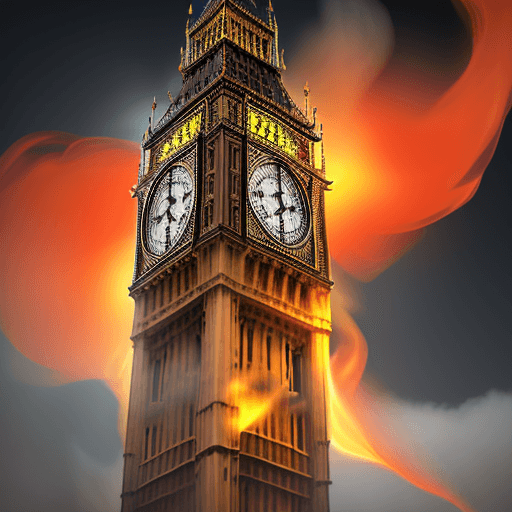 AI generated: big ben burning, flames coming out of the tower, smoke, photorealistic