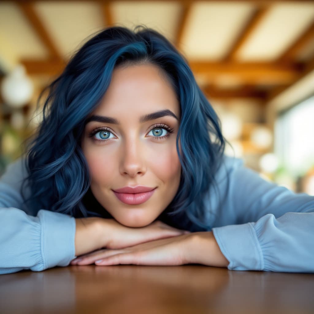 AI generated: Portrait of a woman with wavy blue hair, wearing a light blue shirt, leaning forward on a wooden tab...