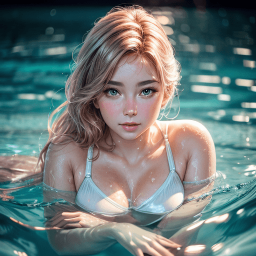 AI generated: (perfect gorgeous young woman)(blush soft beautiful face),(small cute nose), (swimming),(outfit: whi...