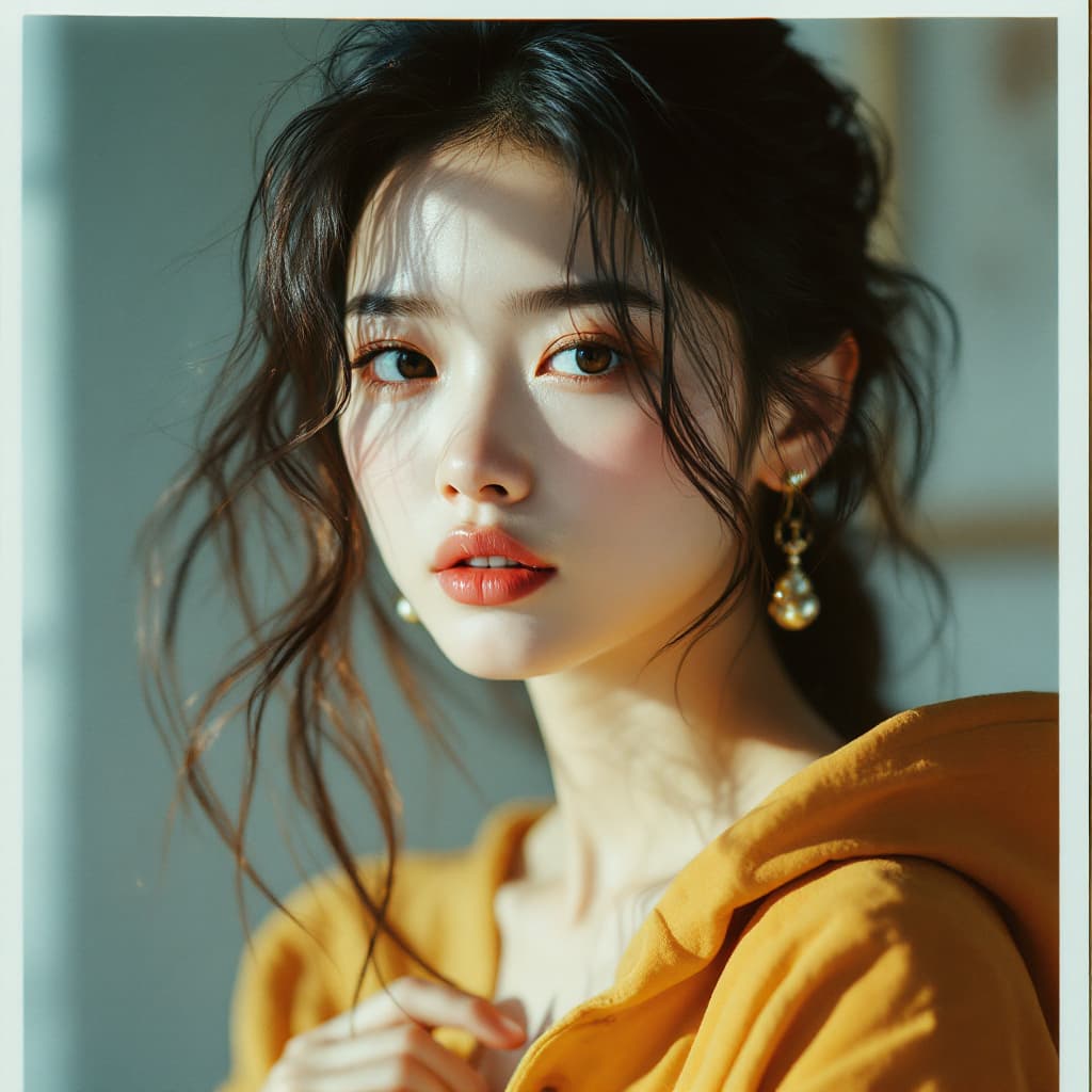 AI generated: A hyper-realistic, lifelike Polaroid proof of an Asian female model for a fashion shoot. She is capt...