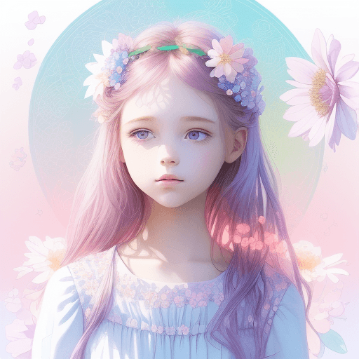 AI generated: Beauty spring floral digital art on sunrise background with a girl and flowers in her hair, stippled...