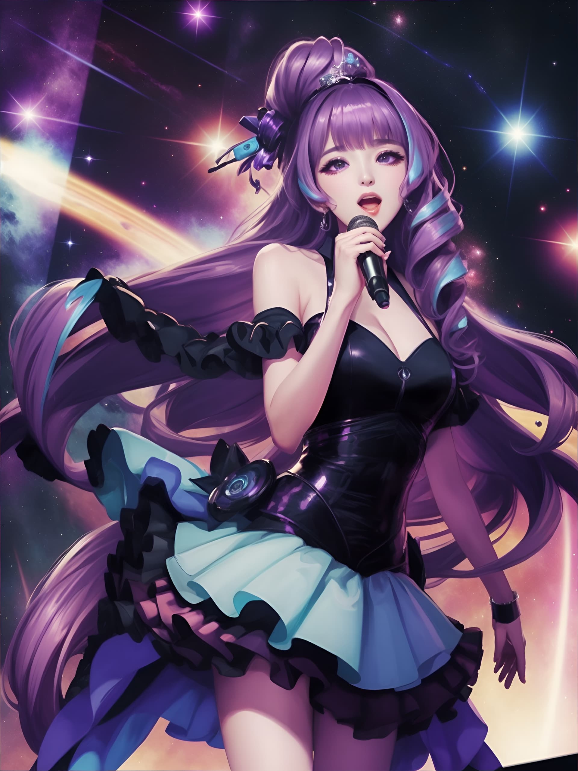 AI generated: masterpiece, best quality, high quality, mid shot, centered, 1girl, holding mic, wearing idol dress,...