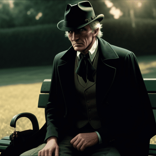 AI generated: Countryside gentleman batman shot by sofia coppola, staring at camera, sitting on a bench::Cinematic...