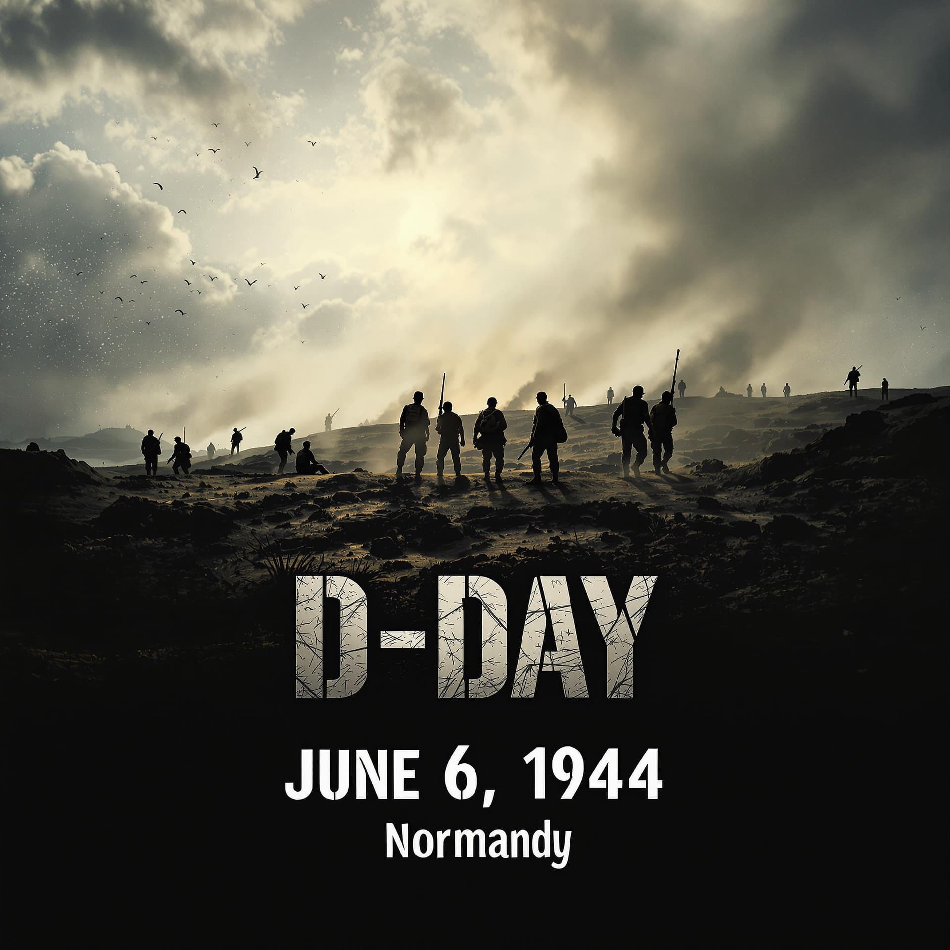 AI generated: Create a dynamic, cinematic landscape image of D-Day. Bottom-centered text that reads: "June 6, 1944...