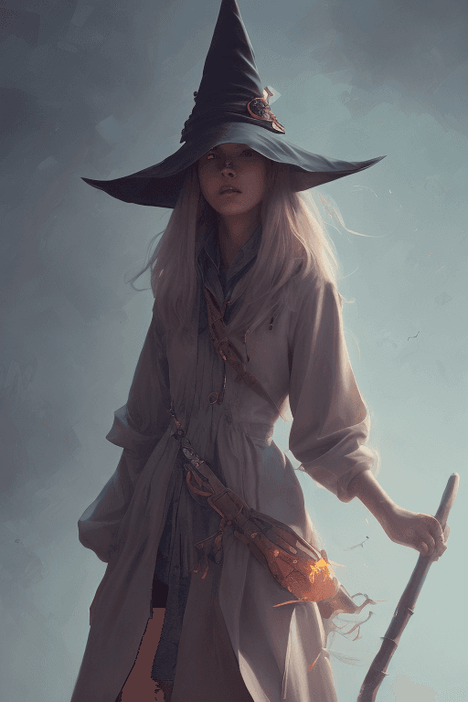 AI generated: rugged girl witch wearing magic school uniform, large wide - brimmed witch hat, cinematic, elaborate...