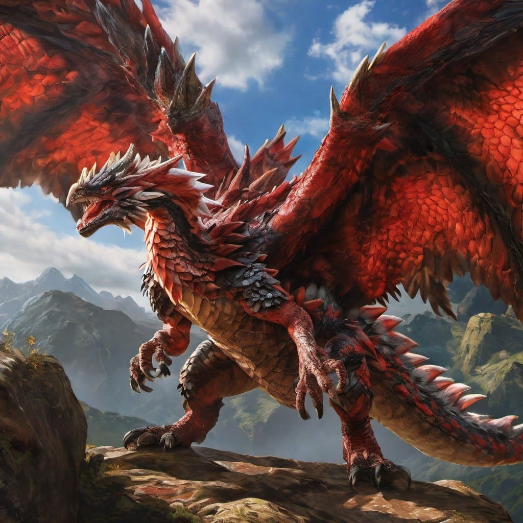 AI generated: Rathalos from monster hunter, anatomically correct, two wings, two legs, UHD, highly detailed, raytr...