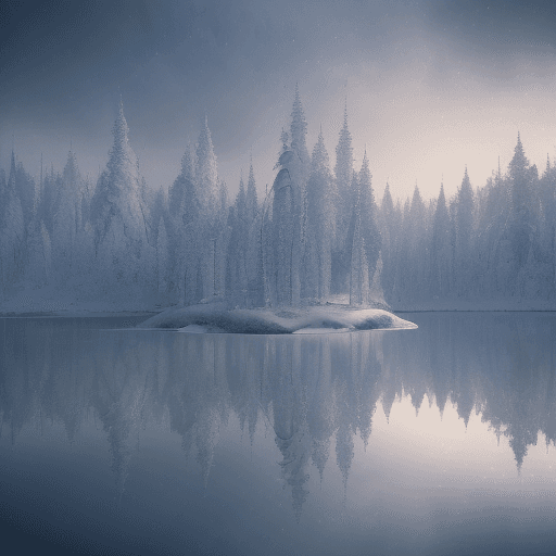 AI generated:  small lake surrounded by a frozen taiga forest, snow on the trees, winter, nothern lihts in the sky...