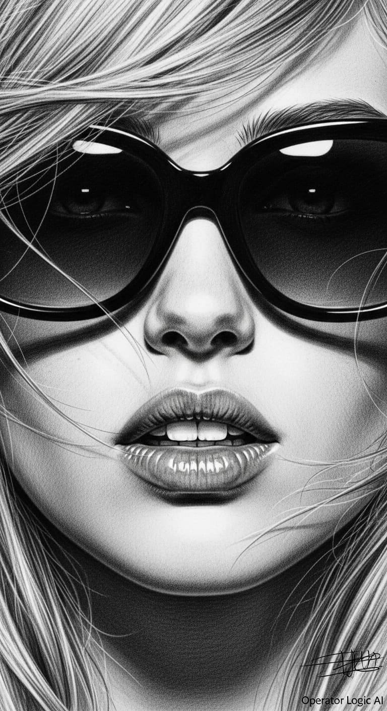AI generated: A detailed black and white pencil drawing of a woman's face, focused on her eyes and mouth. She is w...