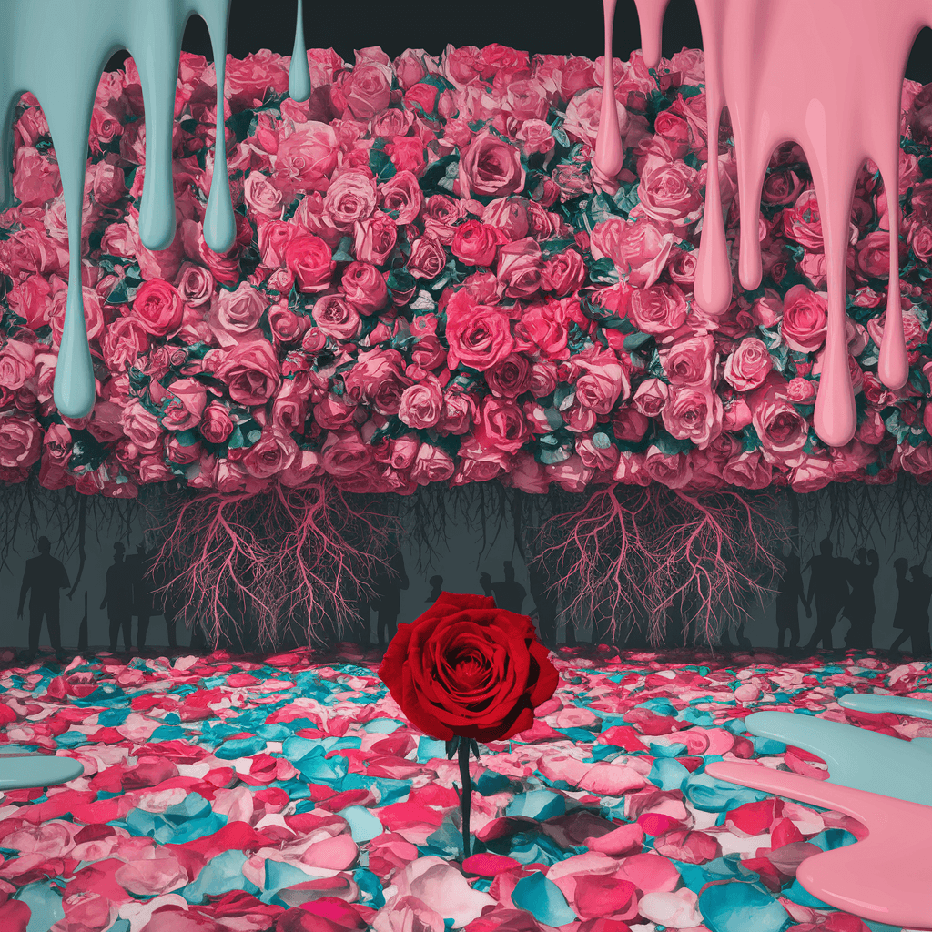 AI generated: A red rose shines in front of an immense rose bush that creates a surreal wall of creeper, which bra...